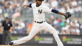 New York Yankees' Domingo German pitches during the first inning of a baseball game against the New York Mets, Tuesday, July 25, 2023, in New York. (AP Photo/Frank Franklin II)