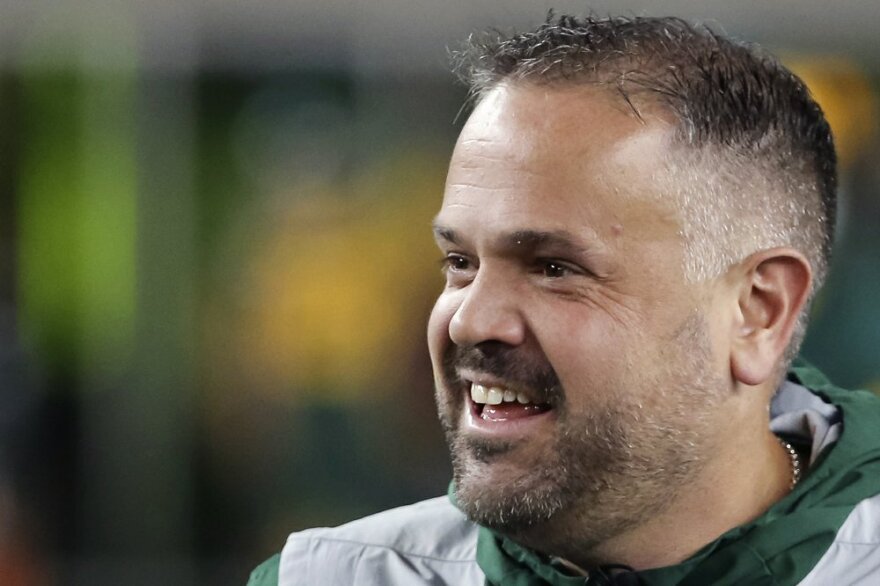 Baylor head coach Matt Rhule stands on the field prior to an NCAA college football game against Oklahoma in Waco.