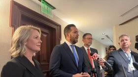 Rep. Jenna Persons-Mulika (left), House Speaker Daniel Perez (center), and Speaker Designate Sam Garrison address the press on April 28, 2026.