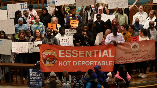 Local officials, clergy, immigration advocates and neighbors call for the release of Fatou Traore at First United Methodist Church in Iowa City on Wednesday.