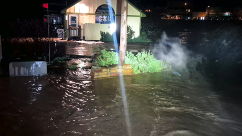 Floodwaters rise outside of Pagosa Springs' visitor center. Oct. 22, 2026.