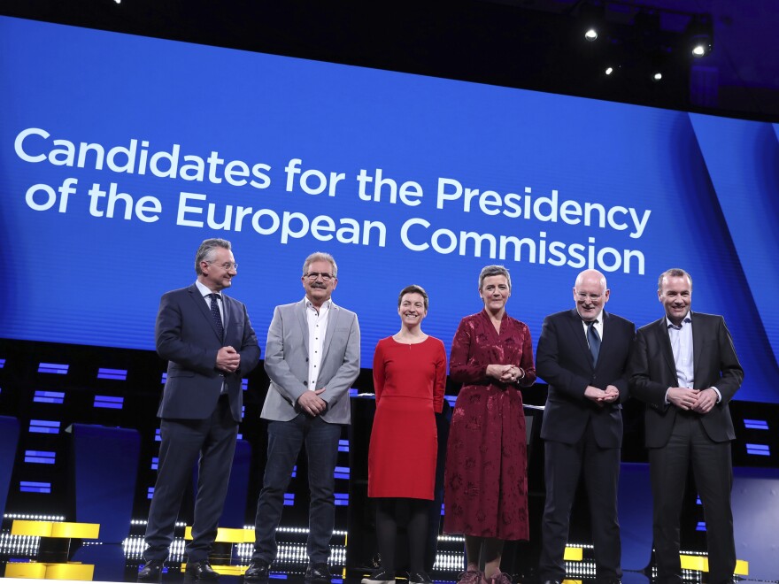 From left, Czech Republic's Jan Zahradil, Spain's Nico Cue, Germany's Ska Keller, Denmark's Margrethe Vestager, Netherlands' Frans Timmermans and Germany's Manfred Weber appear for a debate among candidates for presidency of the European Commission at the European Parliament in Brussels on March 15.