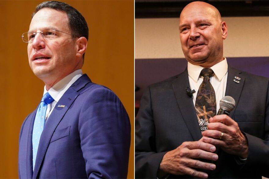 Five gubernatorial candidates will be on the Nov. 8 ballot, including Democrat Josh Shapiro (left) and Doug Mastriano (right).