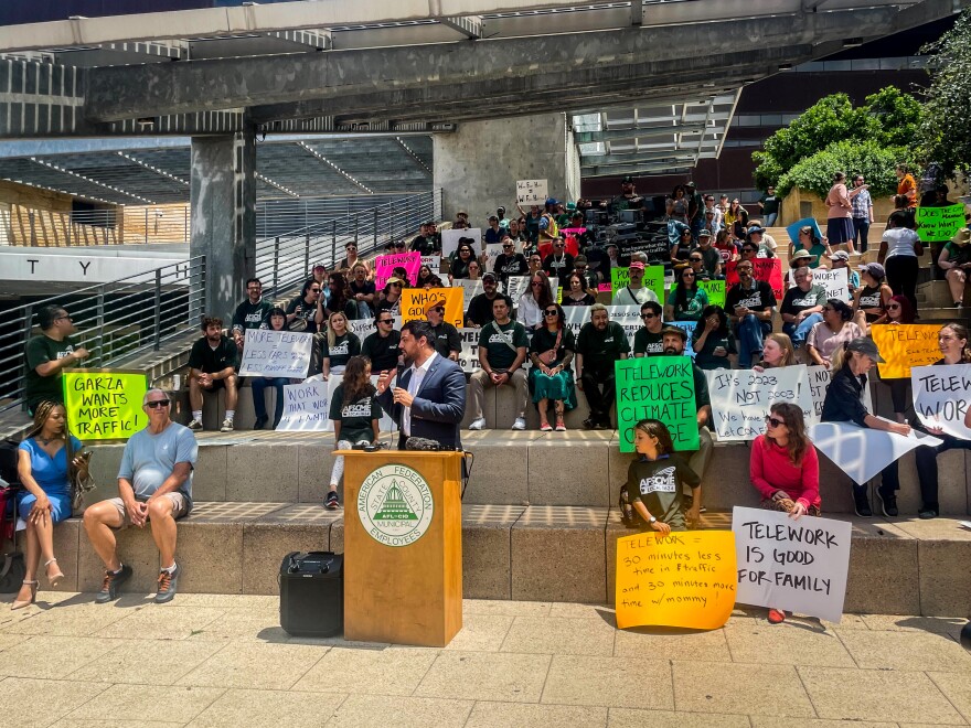 Austin City Council member Zohaib "Zo" Qadri address city employees protesting a new telework policy going into effect next week.