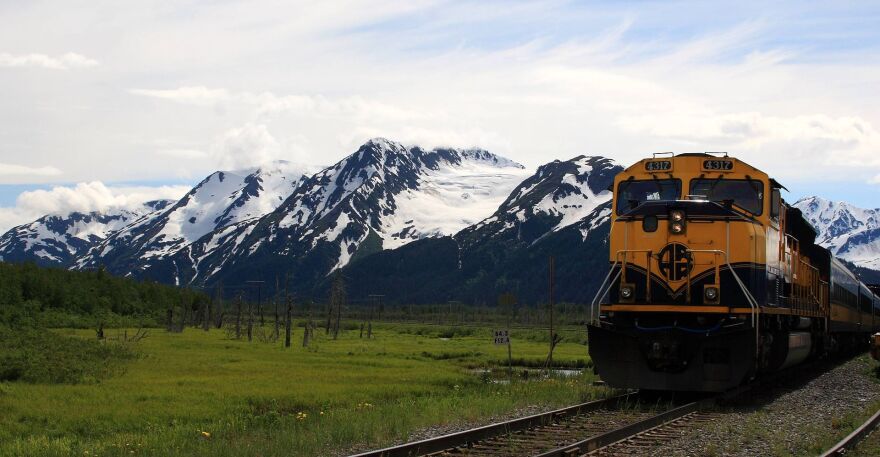 Alaska Railroad train at Spencer Glacier. Photo by Frank Kovalchek of Anchorage, 2009