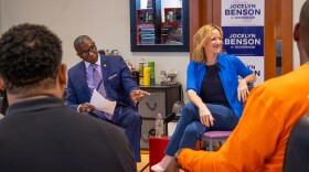 Michigan Secretary of State and gubernatorial hopeful Jocelyn Benson speaks with voters while campaigning in Saginaw, Michigan on Wednesday, July 22, 2026. The democrat was joined by State Rep. Amos O'Neal (D-Saginaw).