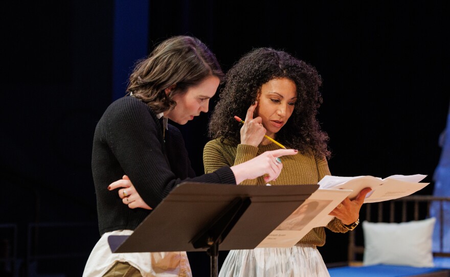 Hannah Ryan, left, directs Sabrina Sloan, right, in "Sally: A Solo Play," at the Wharton Center in East Lansing, Mich., on Feb. 10, 2026. The show is making its world premiere Feb. 19, 2026.