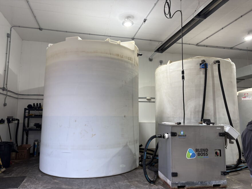 These barrels are used to mix deicing liquid to be used on roads.