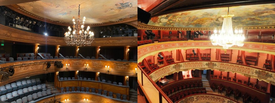 A view from the top balcony at the Skylight Music Theatre in Milwaukee (left) and the Théâtre de la Coupe d'Or in Rochefort, France (right).