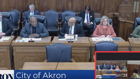 Counselor Marcel McDaniel (second from left) talks about the impact a gun violence prevention program is having in Akron during a city council budget committee meeting on June 22, 2026.