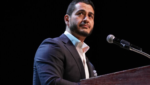 Abdul El-Sayed, a progressive candidate in the Democratic primary for U.S. Senate in Michigan, speaks during a primary election night event Wednesday, Aug. 5, 2026, at the Majestic Theatre in Detroit. (AP Photo/Julia Demaree Nikhinson)