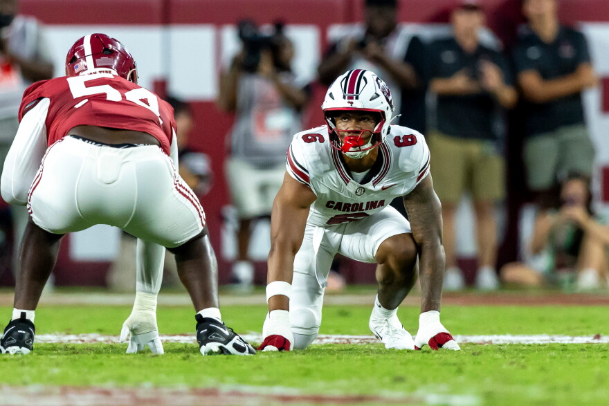 FILE - South Carolina defensive end Dylan Stewart (6) lines up against Alabama during the first half of an NCAA college football game, Sept. 26, 2026, in Tuscaloosa, Ala. (AP Photo/Vasha Hunt, File)