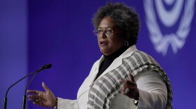 The Prime Minister of Barbados Mia Amor Mottley speaks during the opening ceremony of the COP26 U.N. Climate Summit, in Glasgow, Scotland, Monday, Nov. 1, 2021. (Alberto Pezzali/AP)