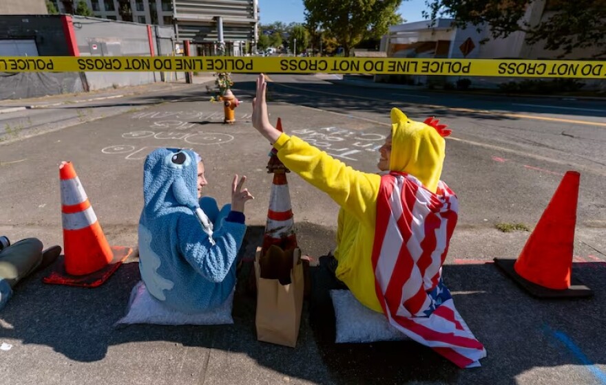 Protesters wave to passersby as they wait outside of the U.S. Immigration and Customs Enforcement building in South Portland, where U.S. Department of Homeland Security Secretary Kristi Noem was visiting, Oct. 7, 2025.
