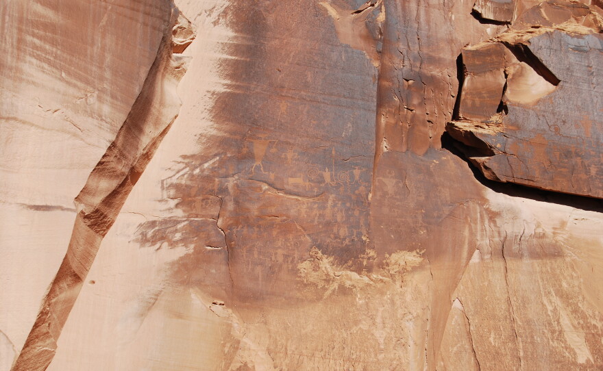 Many petroglyph panels line the canyon walls along the Colorado River near Moab.