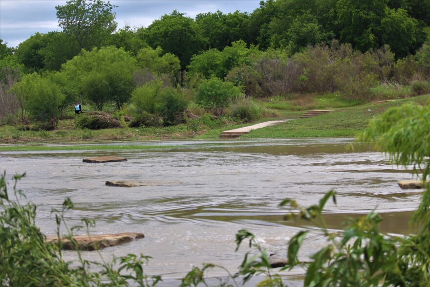 Lake surrounded by grass and trees.