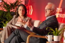 Former CBS News and 60 Minutes correspondent Scott Pelley speaking with Knight Foundation CEO and President Maribel Pérez Wadsworth at the Press Forward summit in San Antonio, TX, on 10/8/26