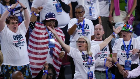 Members of the Ohio delegation cheer during the Democratic National Convention Tuesday, Aug. 20, 2024, in Chicago.