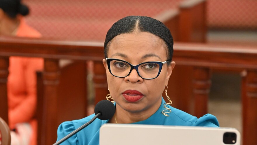 Jenifer O’Neal, who has resigned as Office of Management and Budget director amid a federal investigation, participates in a Senate hearing in the Earle B. Ottley Legislative Hall on St. Thomas.
