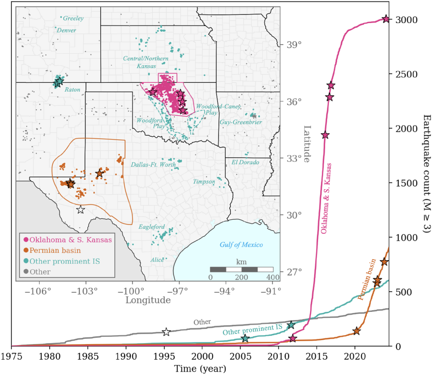 A color-coded map showing the rate of earthquakes from 1975 to now.