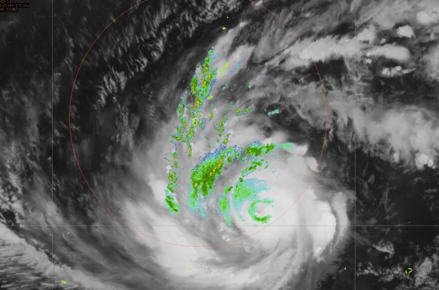 In this radar image provided by the U.S National Weather Service, Typhoon Mawar is seen near Guam on Monday, May 22, 2023. Guam's governor is urging residents to stay home and is warning the island could take a direct hit from Typhoon Mawar. The storm is strengthening on its path toward the U.S. territory in the Pacific.