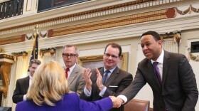 House Speaker T.W. Shannon (R-Lawton) shakes Gov. Mary Fallin's hand shortly before her State of the State address - February 3, 2014.