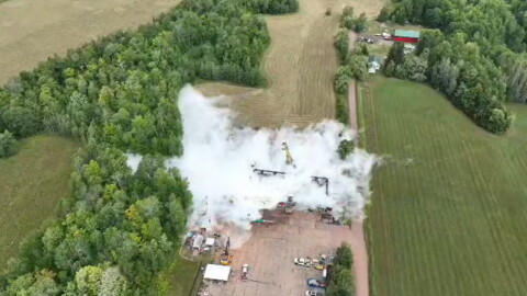 Drone footage captured an aerial view of a gas leak that occurred during valve work on Enbridge’s Line 5