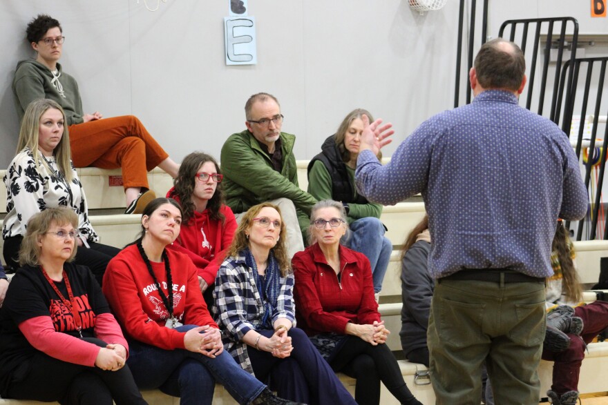 Kenai Peninsula Borough School District Superintendent Clayton Holland answers questions during a public meeting to address the proposed closure of Sterling Elementary School due to budget cuts on Wednesday, Mar. 25, 2026 in Sterling, Alaska.