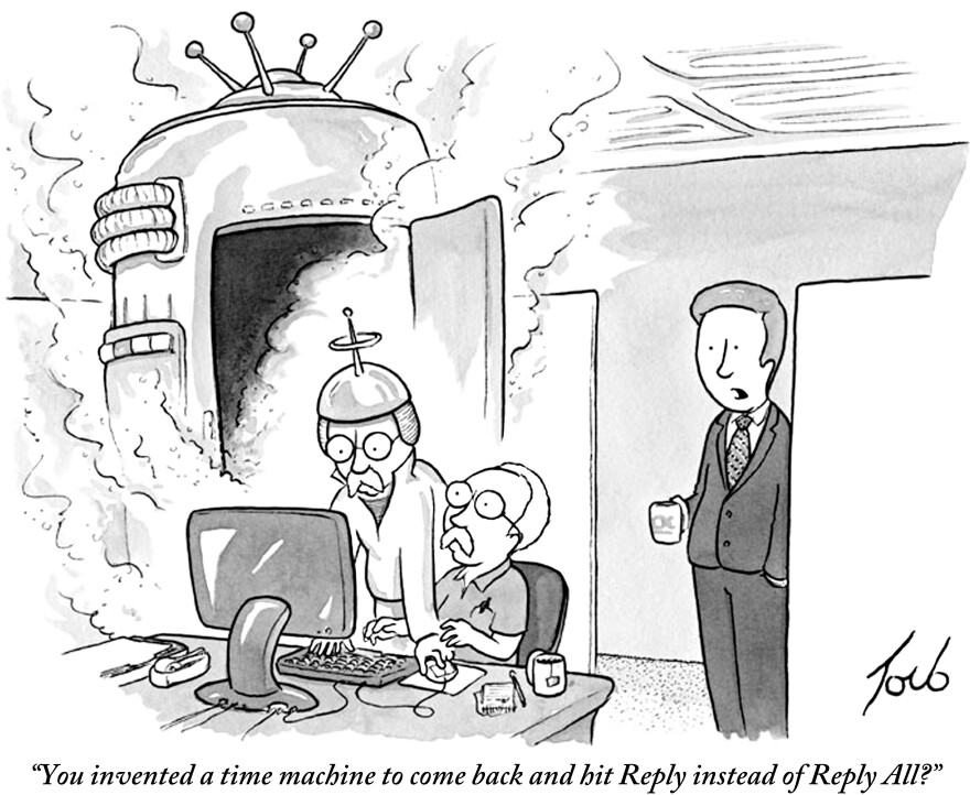 A man sits in an office cubicle, as another version of himself comes out of a time machine and uses his computer.