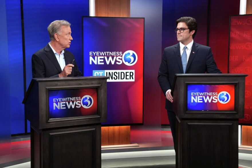Gov. Ned Lamont and Republican challenger Ryan Fazio at a debate at WFSB on Thursday, Oct. 22, 2026
