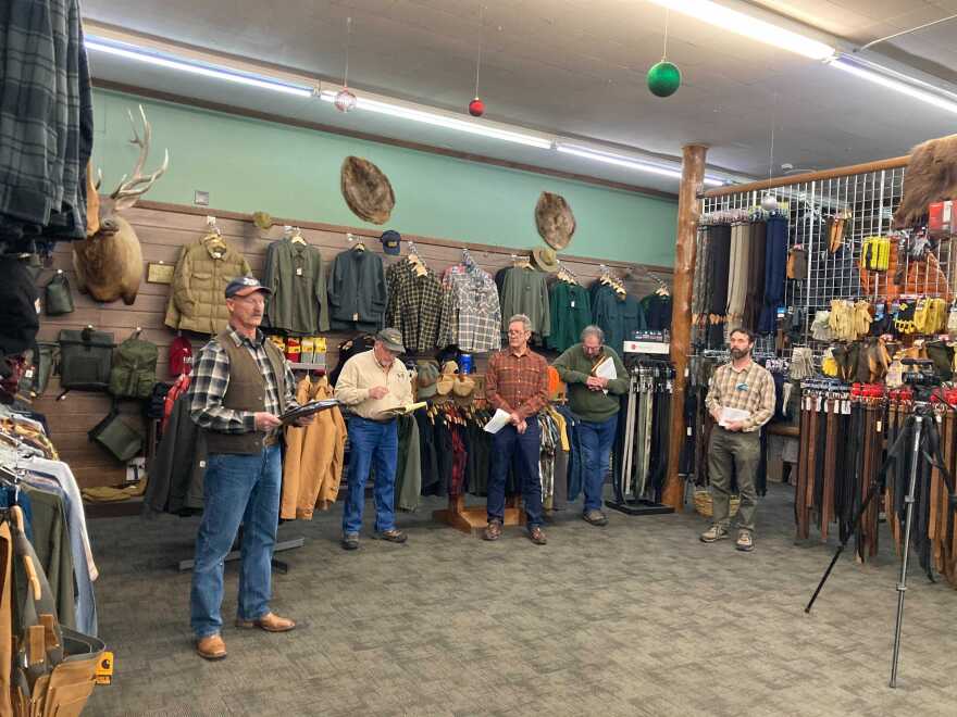 Members of the Montana Citizens Elk Management Coalition Ed Beall, Mike Korn, Craig Jourdonnais and Chris Marshawn discuss the new proposed Montana Legacy Trust at the Capital Sports in Helena.