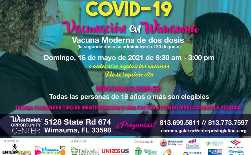 Screenshot of digital advertisement for an upcoming Wimauma vaccination event. The information is written in Spanish.