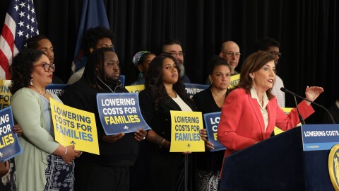 Gov. Kathy Hochul speaks at the downtown campus of Monroe Community College on Tuesday, June 9, 2026 in Rochester, New York. Hochul highlighted provisions in the state budget that include a $300 million Rochester-Monroe Transformation Initiative, a universal childcare pilot program in Monroe County, energy rebate checks for New Yorkers and funding to advance the redevelopment of the long-vacant Terrence Building site.
