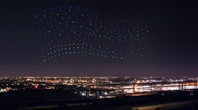 An Intel Shooting Star drones fleet lights up the sky in an American Flag formation during the Pepsi Zero Sugar Super Bowl LI Halftime Show on Sunday, Feb. 5, 2017.