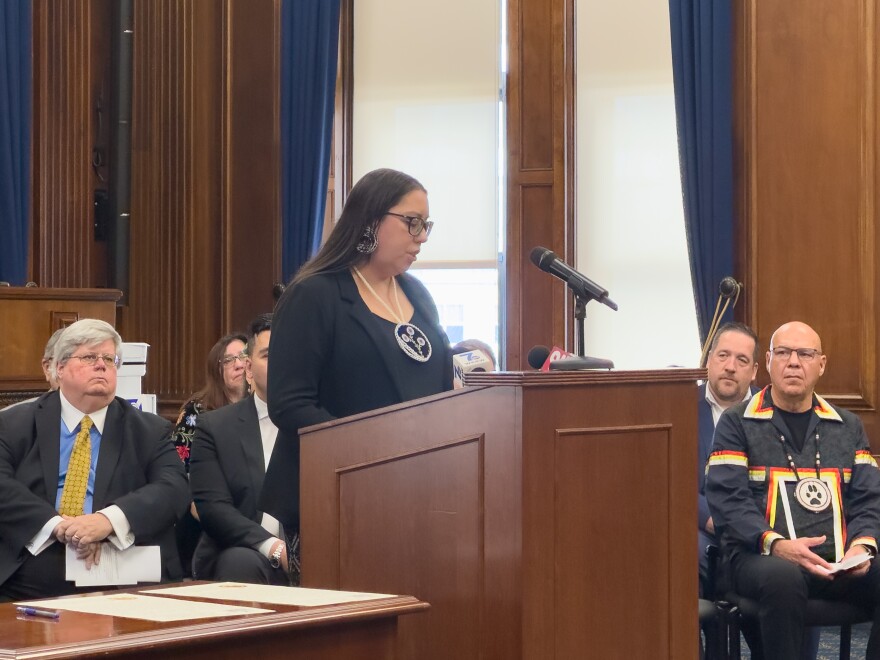 A descendent of Ely Parker speaks in Erie County's ceremonial courtroom on November 14, 2025 in Downtown Buffalo.