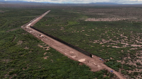 A portion of border wall under construction in the Big Bend region, Wednesday, Sept. 23, 2026, near Sierra Blanca, Texas.