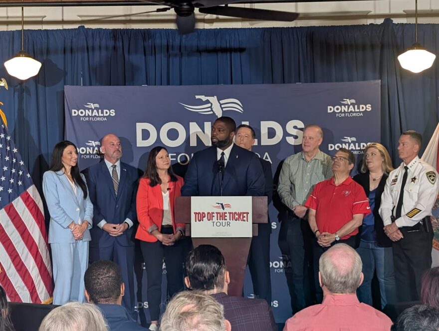 Byron Donalds speaking at the Tampa Firefighters Museum on Aug. 8, 2026.