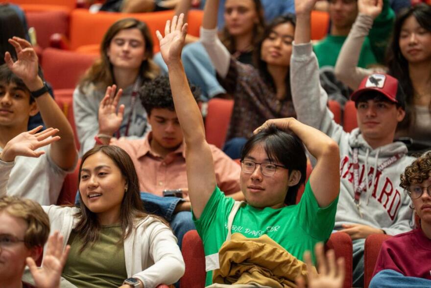 Harvard students participate in Tango trivia at the 2025 freshman orientation. (Courtesy of Dustin Weyand/Harvard University)