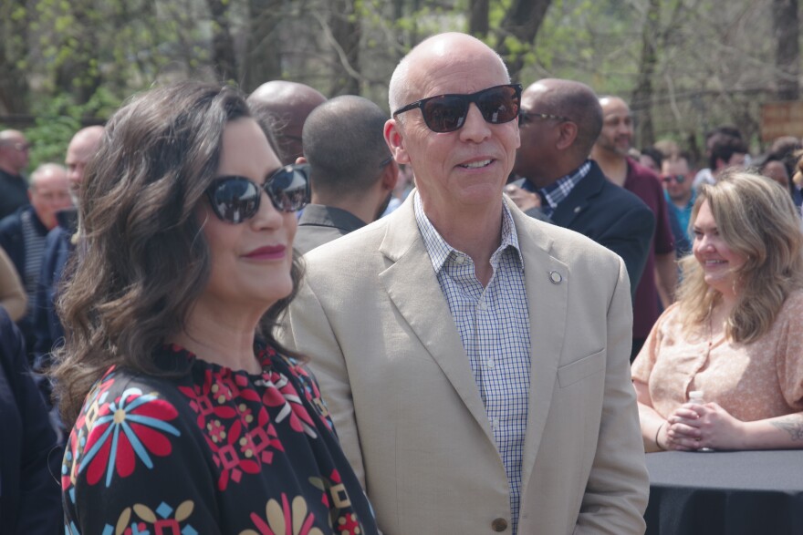 Michigan Governor Gretchen Whitmer and Kalamazoo Mayor David Anderson at the groundbreaking of the William Schma House on Tuesday.