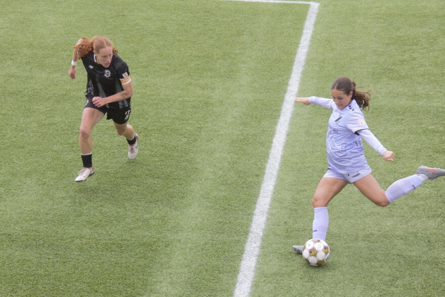 Zephyr forward Maya Hansen takes on Brooklyn FC defender Samantha Rosette on May 16, 2026.