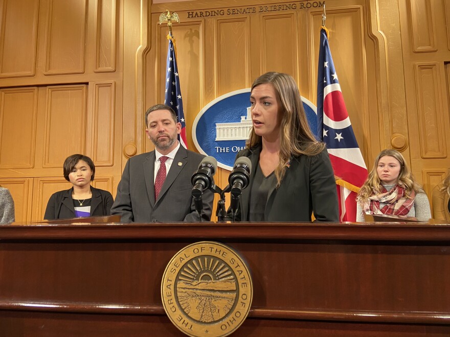 Reps. Reggie Stoltzfus (Paris Township) and Jena Powell (R-Arcanum) speak at the press conference announcing their planned legislation.