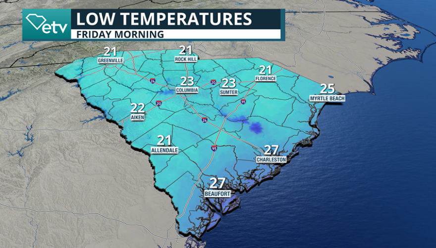 Friday morning expected low temperatures.