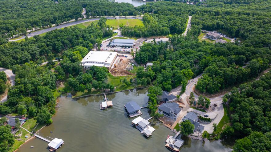 Calo, seen in an aerial photo taken on May 27, 2026, is located on waterfront property in Lake Ozark, Missouri. The center says it provides evidence-based trauma treatment for teens and preteens.