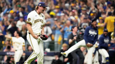 Milwaukee Brewers pitcher Trevor Megill celebrates their win in Game 1 of baseball's World Series, Friday, Oct. 23, 2026, in Milwaukee, between the Milwaukee Brewers and the Tampa Bay Rays.
