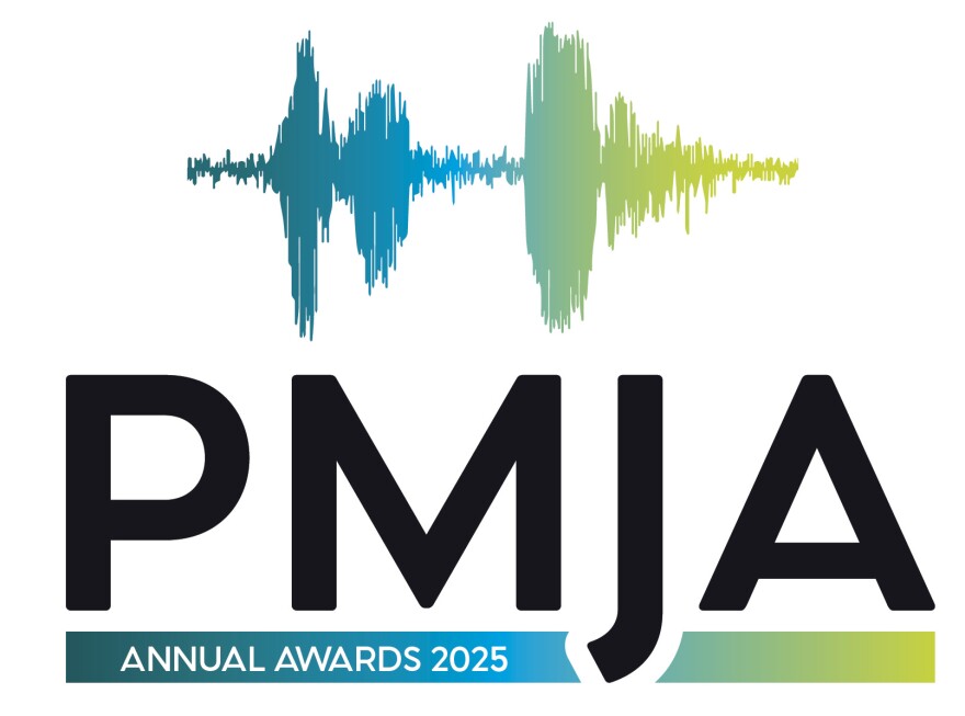 Logo says PMJA in black type with a blue, green and yellow sound wave at the top
