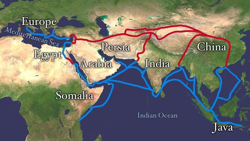 The Silk Road stretched from Eastern China to Europe and was the primary route for merchants in the ancient Chinese silk trade.