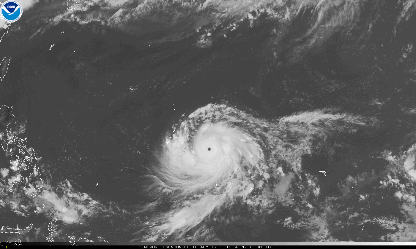 Super Typhoon Bavi approaches the Mariana Islands on July 4, 2026.