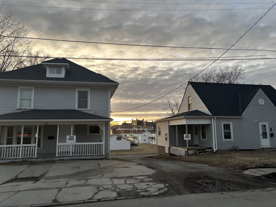 Rental properties on Walnut St. just east of the Northwest Missouri State University campus sit empty on Feb. 5. The city's population of college-age residents fell by 30% between 2010 and 2020.