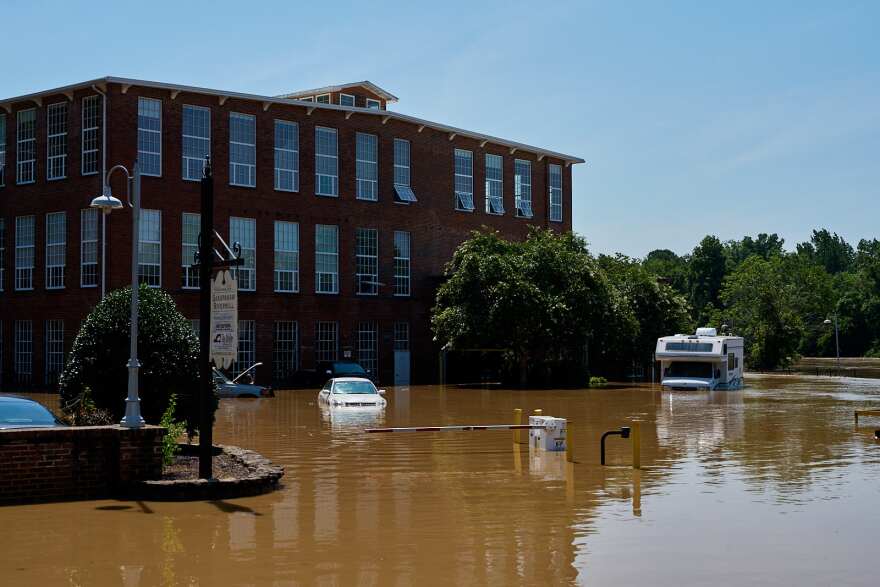 Saxapahaw Rivermill in the wake of Tropical Storm Chantal on July 7, 2025. 