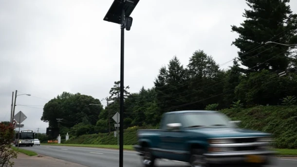 A car drives past an automatic license plate reader on Route 29 in Charlottesville on June 27, 2025.
